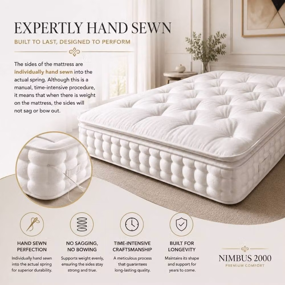 Stratus Interiors Nimbus 2000 Pocket Pillow Top Mattress in White, Super King, W/D/H: 200 x 200 cm – 2