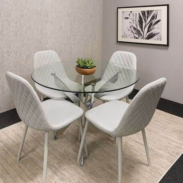 Kosy Koala Modern Round Glass Dining Table with 4 Grey Leather Chairs