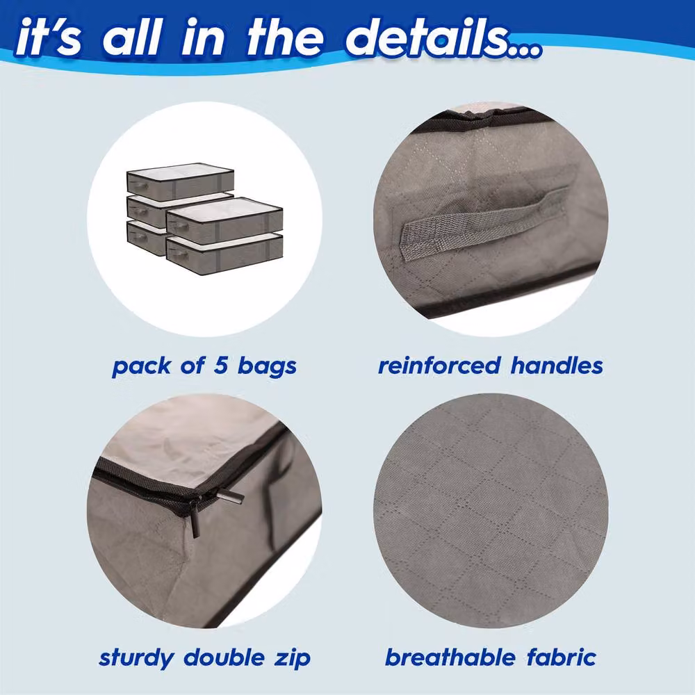 Harbour Housewares Under Bed Storage Bags with Lid, 95 Litre, Grey, Pack of 5 – 5