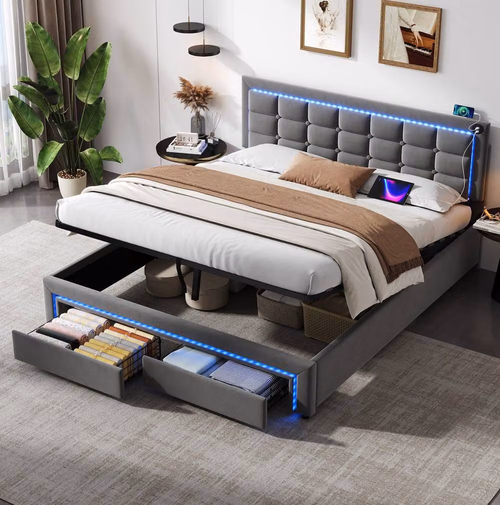 STILVORA Grey Upholstered Double Ottoman Bed Frame with Under-Bed LED Lighting and USB Charging Port, W/D/H: 140 x 200 x 137 cm – 2