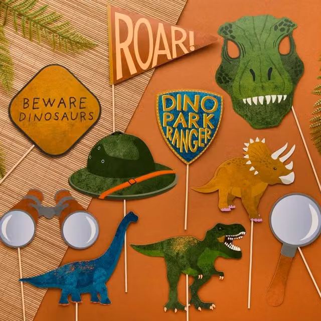 Club Green Dinosaur Photo Booth Props Set of 10, Multicolour Paper and Wood Party Accessories – 1