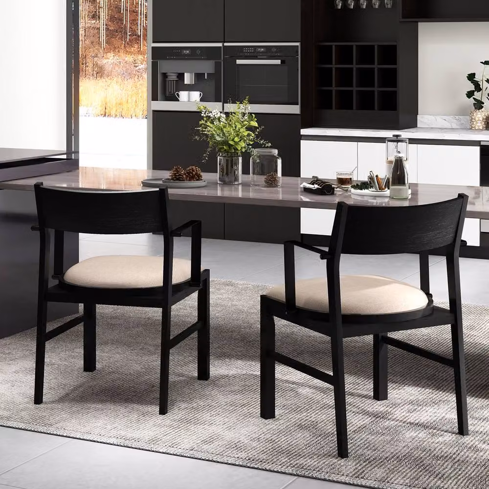 Gymax Set of 2 Modern Dining Chairs with Armrests in Brown Fabric and Black Metal/Rubberwood Frame – 3