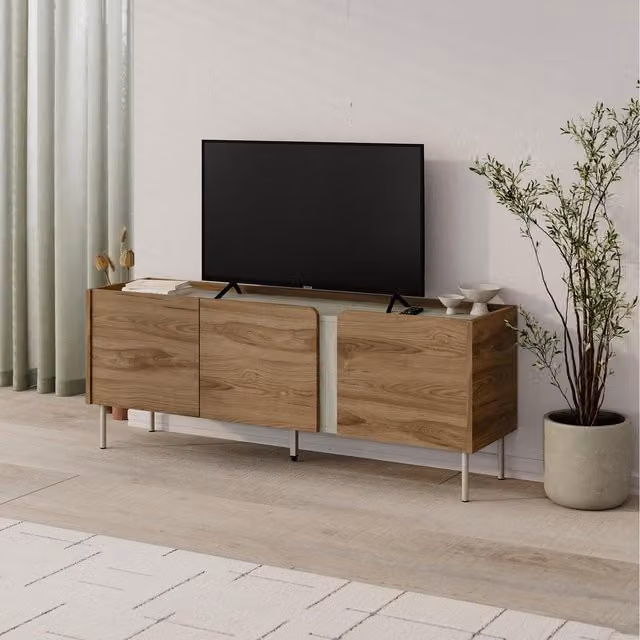 Decortie Modern TV Stand with 3 Soft-Close Doors in Travertine and Whiskey Oak