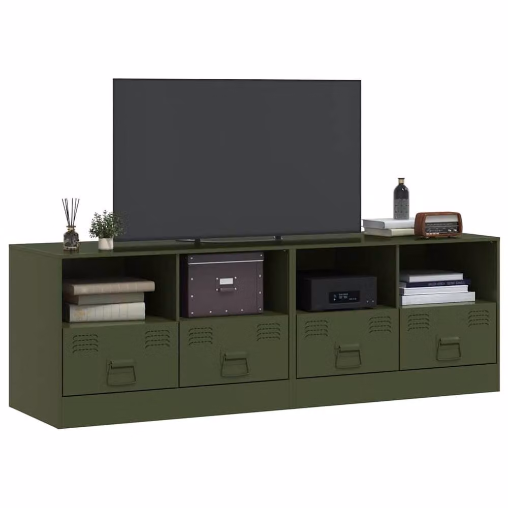 Berkfield Home Set of 2 Industrial Metal TV Cabinets in Olive Green, W/D/H: 67 x 39 x 44 cm – 2