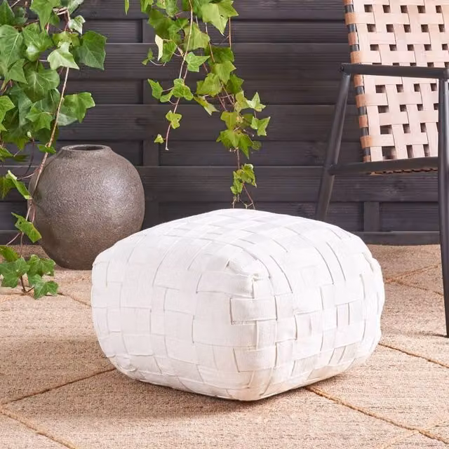 Wyld and Coco Off-White Handwoven PET Outdoor Pouffe, W/D/H: 50 x 50 x 30 cm