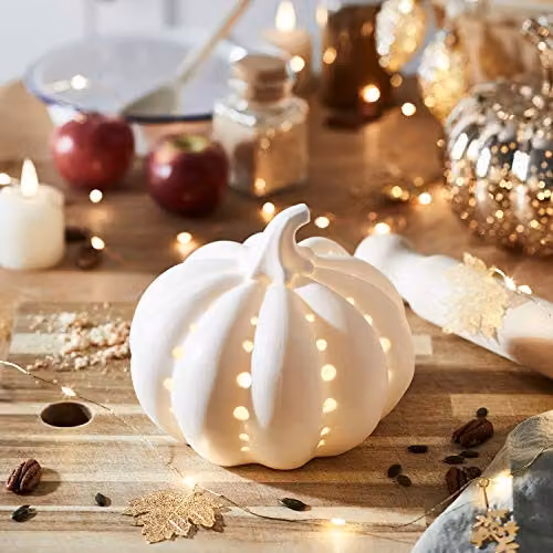 Lights4fun White Ceramic Pumpkin LED Light for Autumn and Halloween Decoration, H 17 cm x W 17 cm x D 14 cm – 3