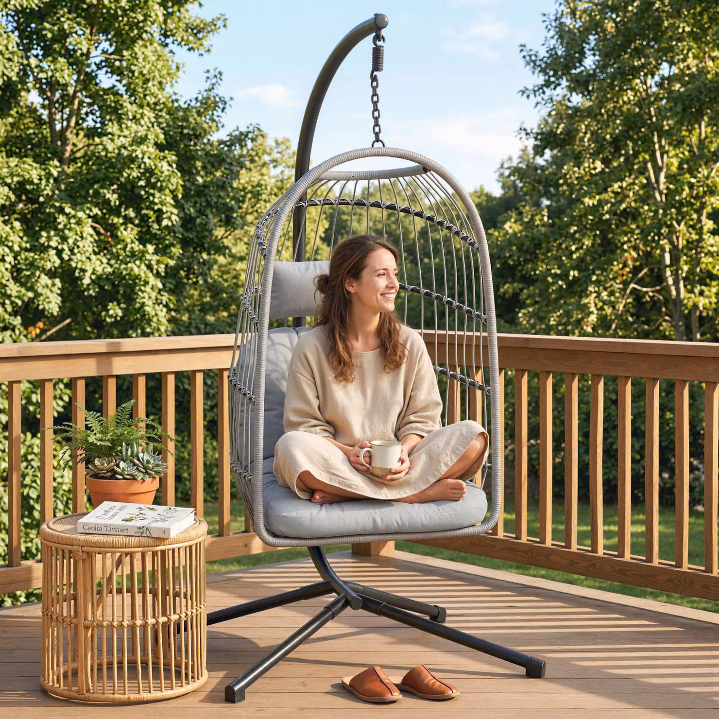 Outsunny Hanging Egg Chair with Stand and Cushions, Light Grey Indoor Outdoor Hammock Swing Chair – 5