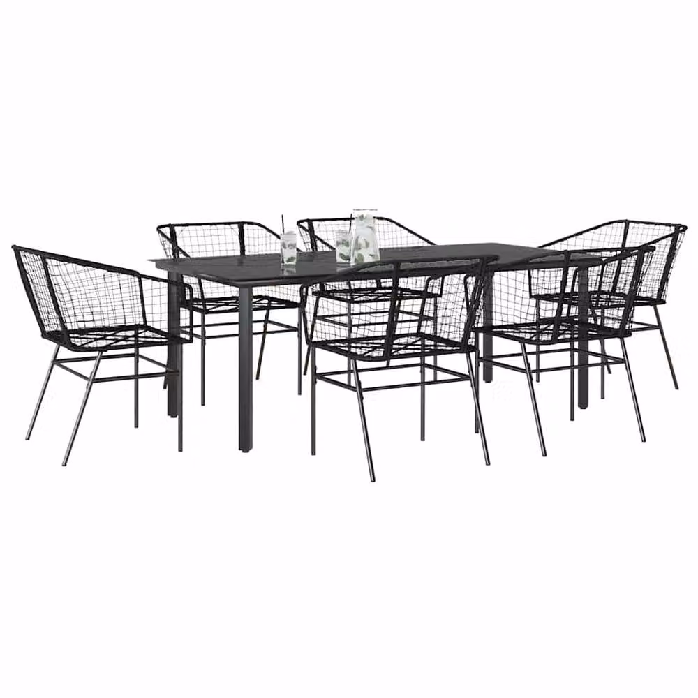 Berkfield Home Beautiful 7 Piece Black Poly Rattan and Glass Garden Dining Set