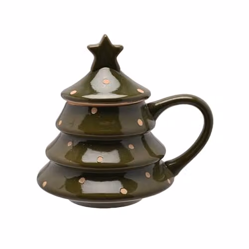 Widdop and Co Ceramic Christmas Tree Mug with Lid and Star Top in Green and Gold