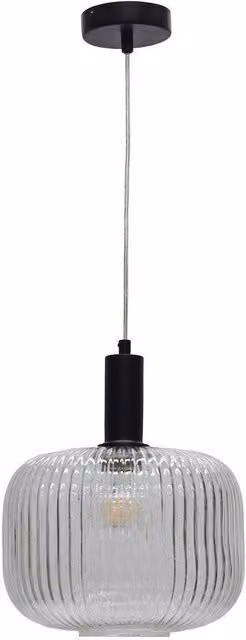 First Choice Lighting Batley Large Art Deco Pendant Fitting, Black and Transparent Clear Ribbed Glass, Height: 116.5 cm, Width: 25.5 cm, Depth: 25.5 cm