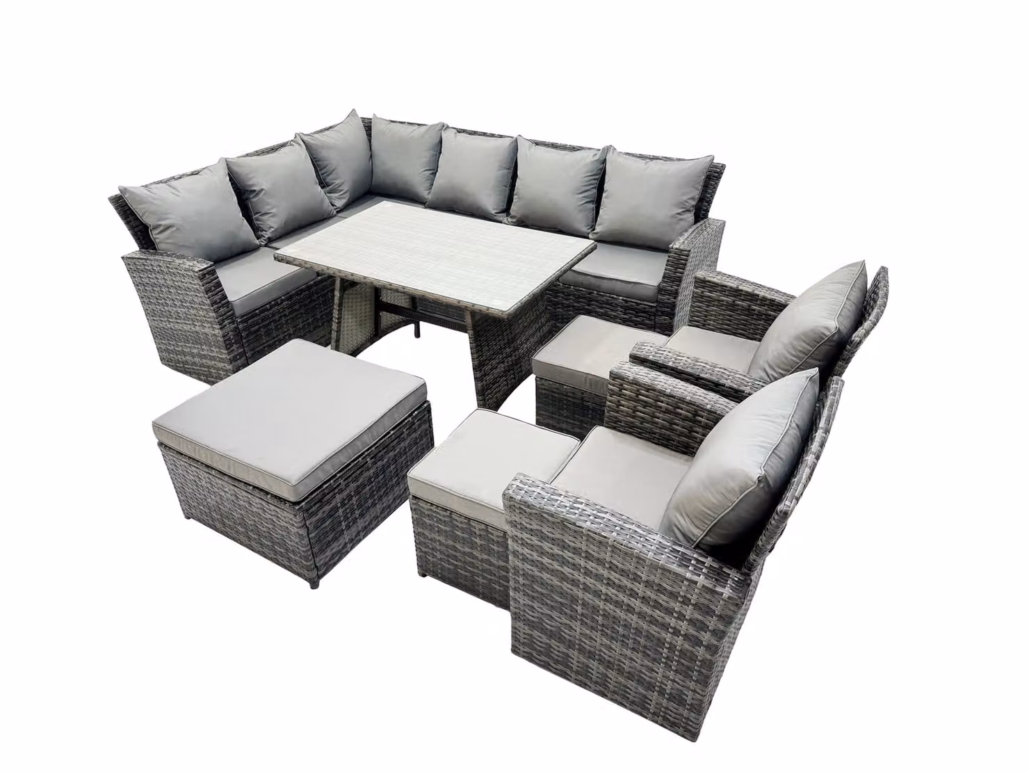 Fimous 11 Seat Rattan High Back Corner Sofa and Patio Dining Table Set in Dark Grey – 2
