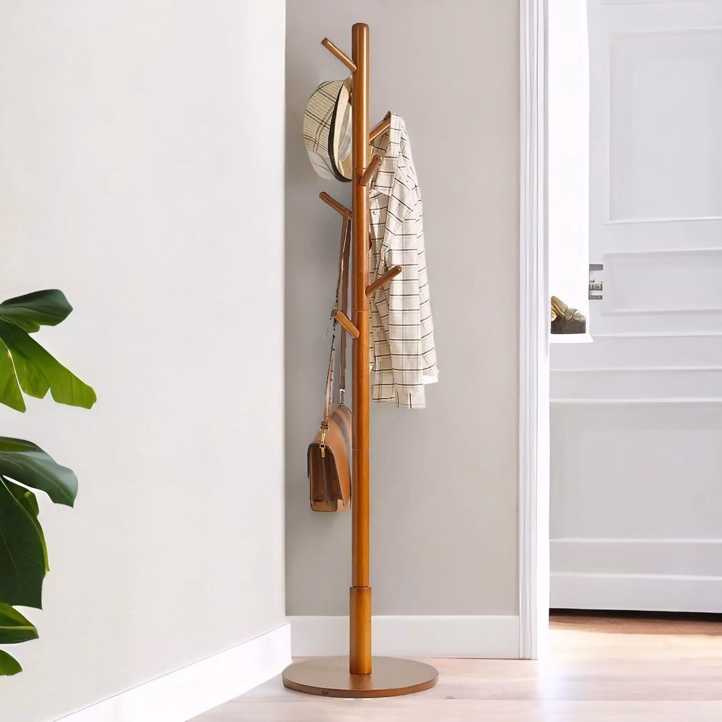 Rafaelo Mobilia Adjustable Brown Rubberwood Coat Stand with 8 Hooks and Round Base – 4
