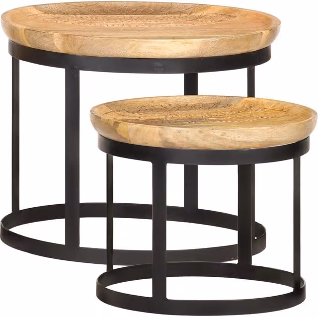 Berkfield Home Set of 2 Round Side Tables in Brown Solid Mango Wood and Steel – 1