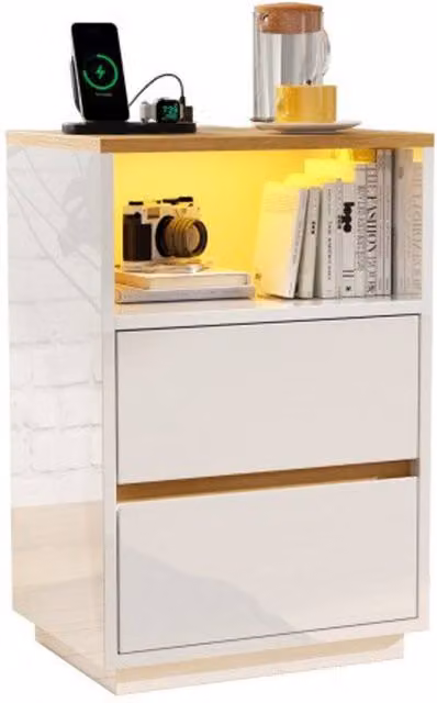 SPETLEK Large White Glossy 2 Drawer LED Bedside Table with Integrated Lighting and Charging Socket – 1