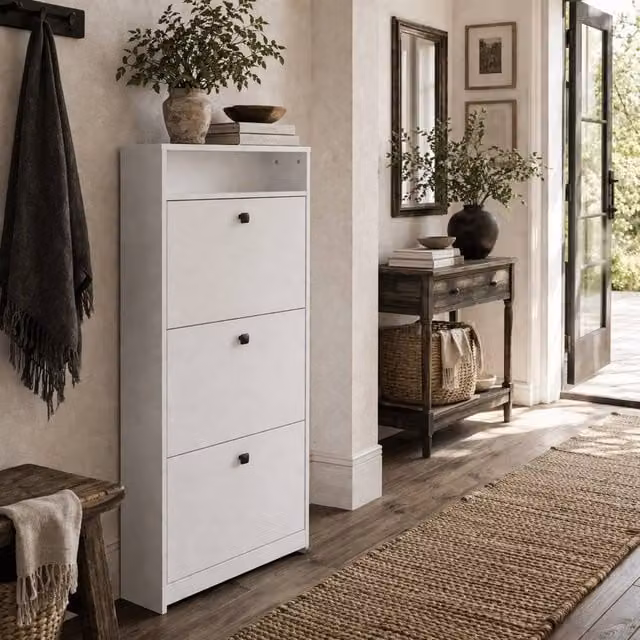 Wyld Haus Kero Vemo Slim White Shoe Cabinet with 3 Tilting Compartments and Top Shelf, H: 132 cm, W: 60 cm, D: 24 cm