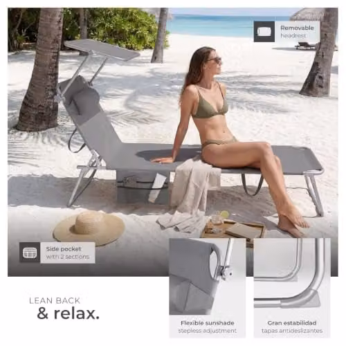 tectake Folding Sun Lounger with Sun Canopy and Adjustable Headrest in Grey, W/D/H: 190 x 68 x 111 cm – 5
