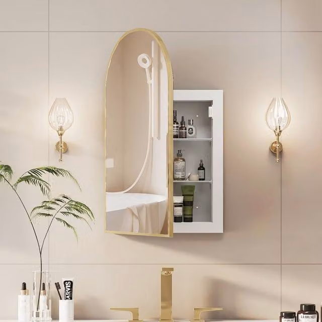 KEEPREAPER Modern Arch Bathroom Mirror Cabinet with Gold Metal Frame and Glass Doors, W: 42 cm, H: 68 cm