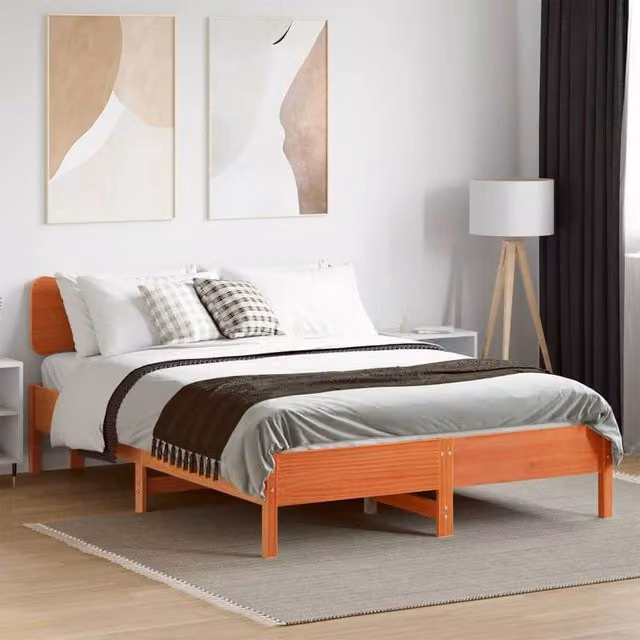 Berkfield Home Beautiful Solid Wood Bed Frame in Waxed Brown, W/D/H: 140 x 190 x 81 cm