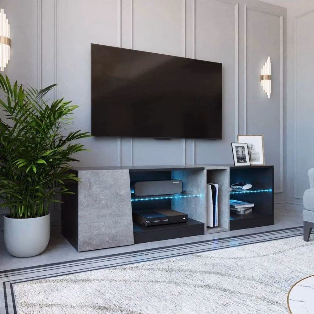 KORVIXA Minimalist Grey LED TV Stand with Glass Details and Integrated Lighting, W/D/H: 100 x 100 x 100 cm – 3