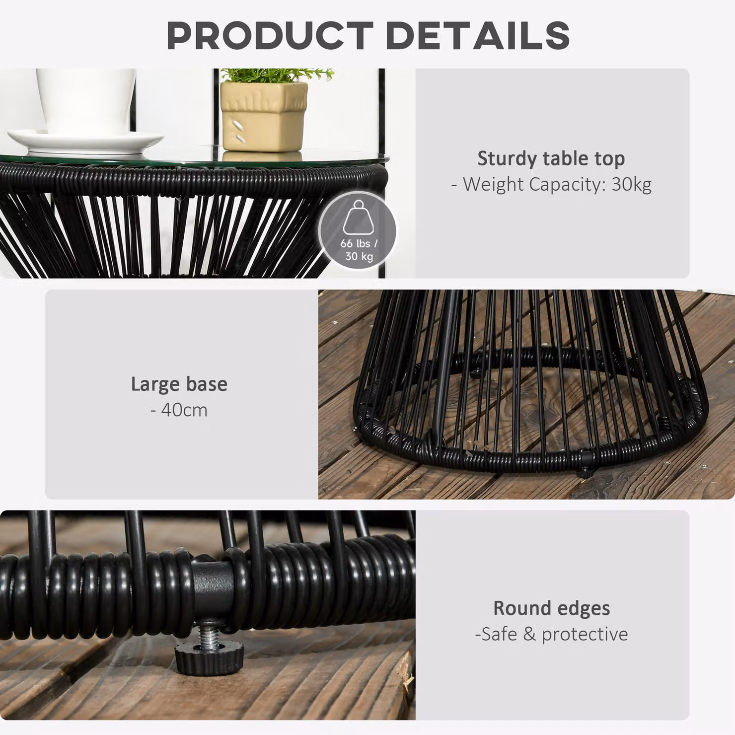 Outsunny Round Rattan Side Table with Glass Toptop in Black – 6