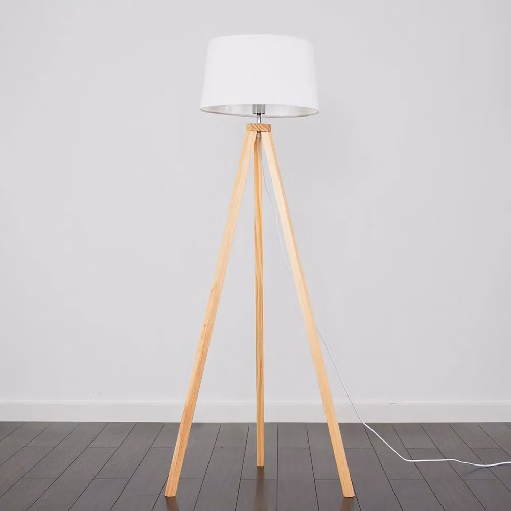 ValueLights Barbro Tripod Floor Lamp in Light Wood with White Fabric Cone Shade, Height: 130 cm – 2