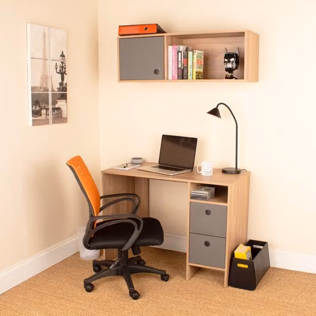 Vegas Modern Home Office Desk, Wall Unit and Chair Set in Bleached Oak and Grey with Orange Accents
