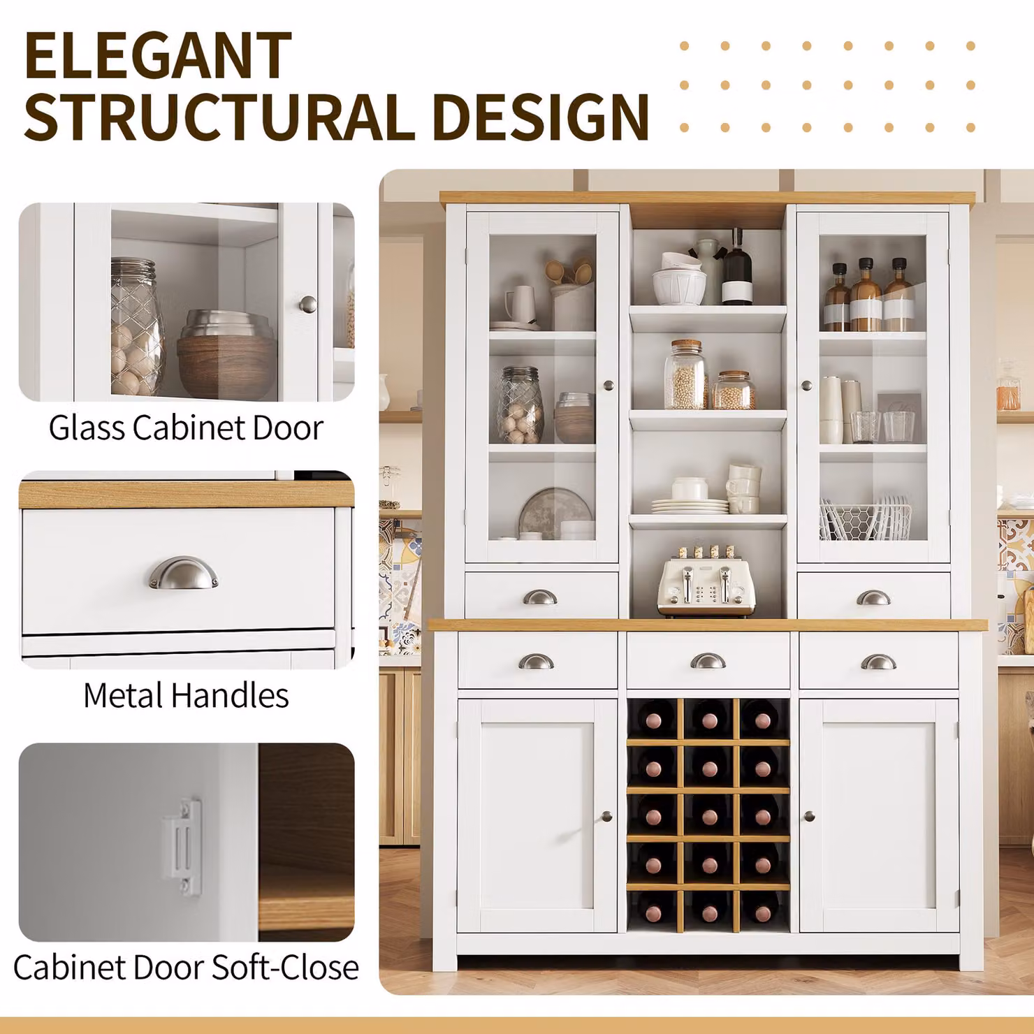 Aosom UK White Kitchen Pantry Cabinet with Wine Rack, Glass Doors and 5 Deep Drawers, W/D/H: 120 x 40 x 185 cm – 3