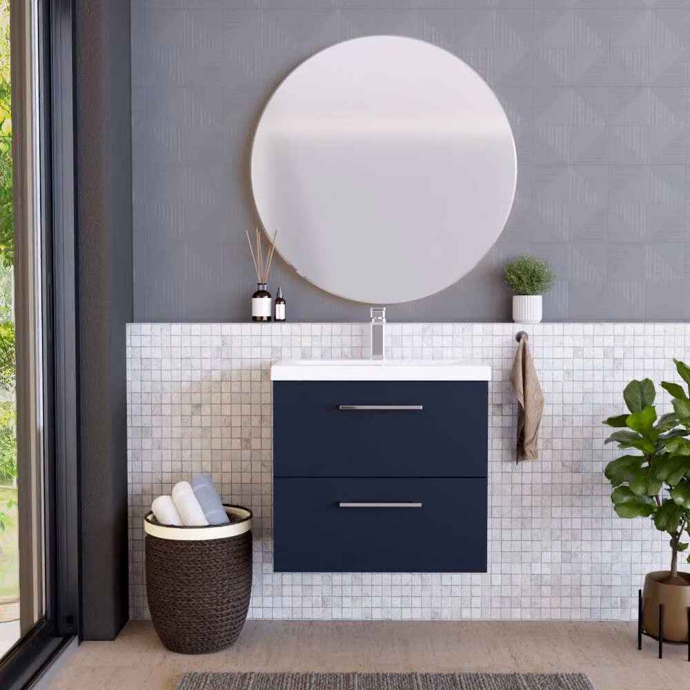 Balterley Contemporary Wall Hung 2 Soft-Close Drawer Bathroom Vanity Unit with Mid-Edge Ceramic Basin, Midnight Blue – 2