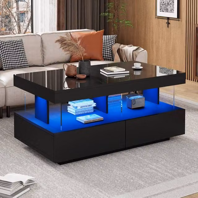 Rolipo Black High Gloss LED Coffee Table with 2 Storage Drawers (Pack of 2)