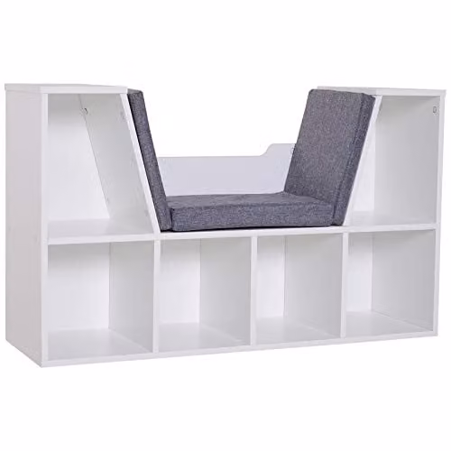 HOMCOM Bookcase Storage Unit with Six Cubes and Cushioned Reading Seat Bench, White and Brown