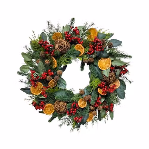 Shatchi Rustic Christmas Wreath with Eucalyptus, Berries and Rattan Balls in Orange, Red and Green, Diameter: 60 cm – 1
