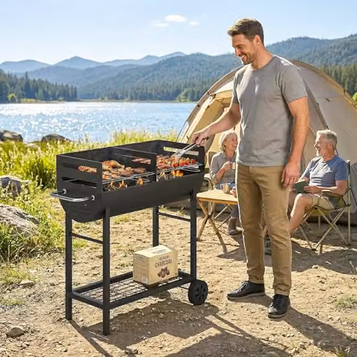 Outsunny Charcoal Barbecue Grill with 2 Cooking Areas and Wheels in Black or Grey – 9