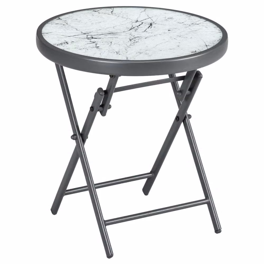 Wyld Haus Round Folding Outdoor Side Table with Dark Grey Marble Effect Glass Top – 2