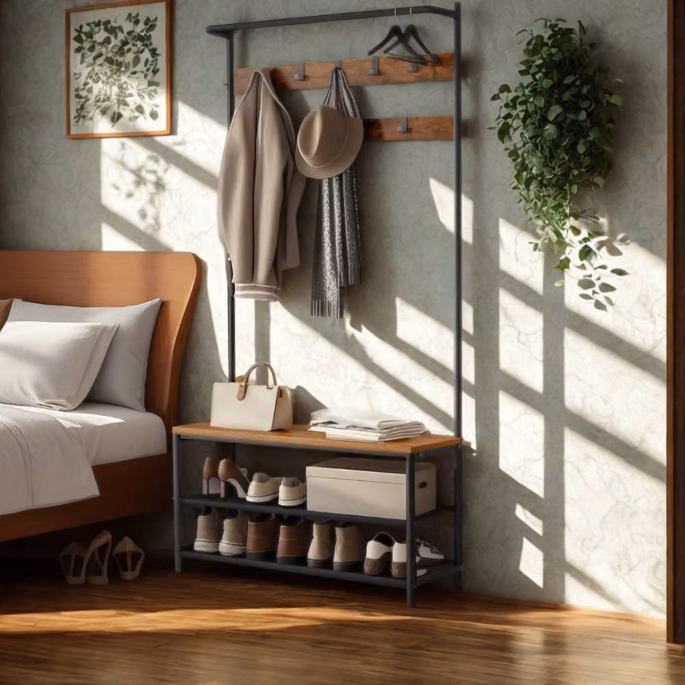 Pirlo Plush Hall Tree Coat Rack with Shoe Storage Bench in Brown, H 180 x W 90 x D 32.2 cm – 2