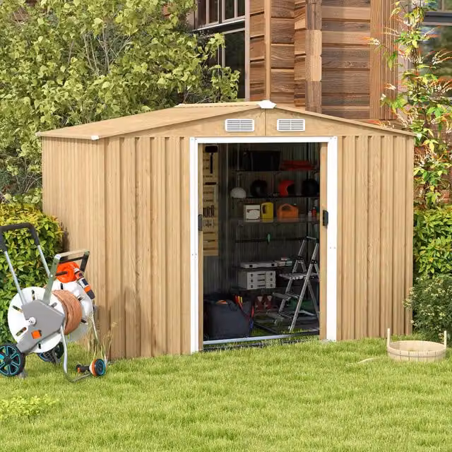 Costway Galvanised Steel Outdoor Storage Shed in Sand with Lockable Sliding Door