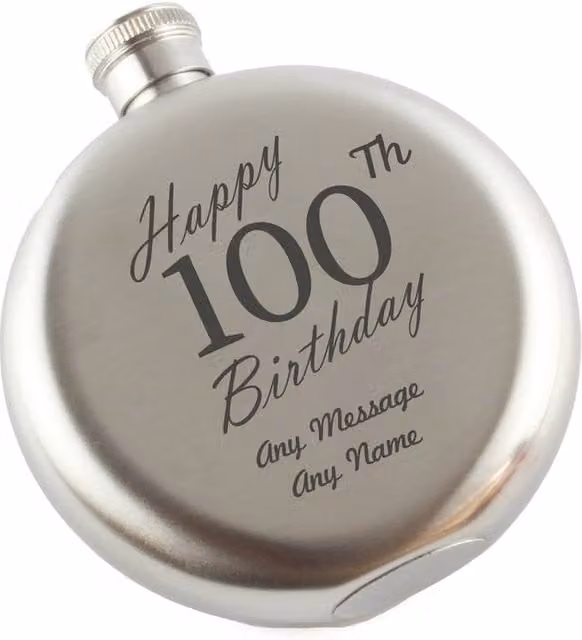 Uniqueful Personalised Happy 100th Birthday Engraved 5oz Round Stainless Steel Hip Flask in Silver