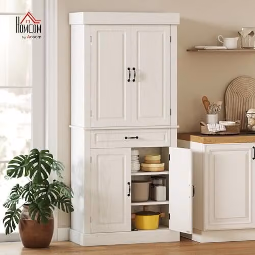 HOMCOM Freestanding Tall Kitchen Cupboard with 4 Doors and Internal Drawers in White and Black, H 180 x W 80 x D 50 cm – 2
