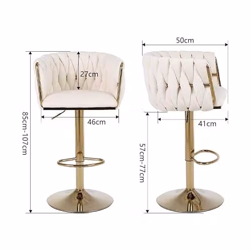 HYGRAD BUILT TO SURVIVE Set of 2 Velvet Woven Upholstered Adjustable High Swivel Breakfast Bar Stools with Gold Metal Base and Gas Lift in Cream and Gold – 2