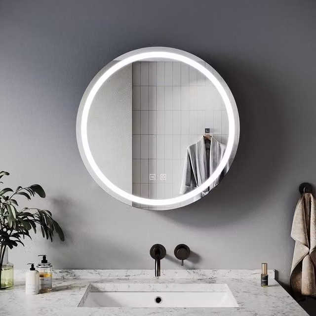 FLAVORA Round Silver Bathroom Mirror Cabinet with LED Lighting and Shaver Socket, W/D/H: 60 x 60 x 14 cm
