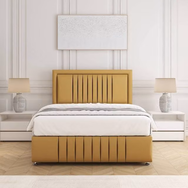 BSSPOKE Lily Super King Divan Bed with 24 inch Headboard and Mattress in Mustard Yellow Plush Velvet
