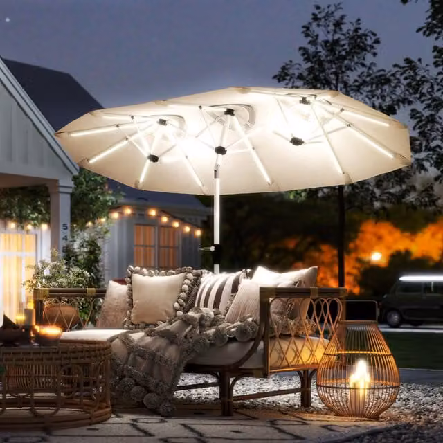 Outsunny 3m Double-Sided Garden Parasol with Solar Lights in Beige
