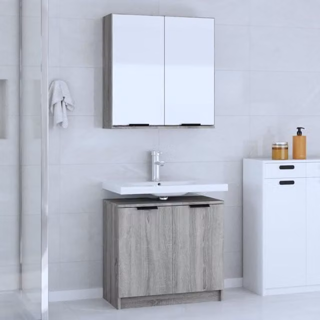 Berkfield Home 2 Piece Grey Sonoma Modern Wall Mounted Bathroom Cabinet Set with Hinged Doors and Internal Shelves