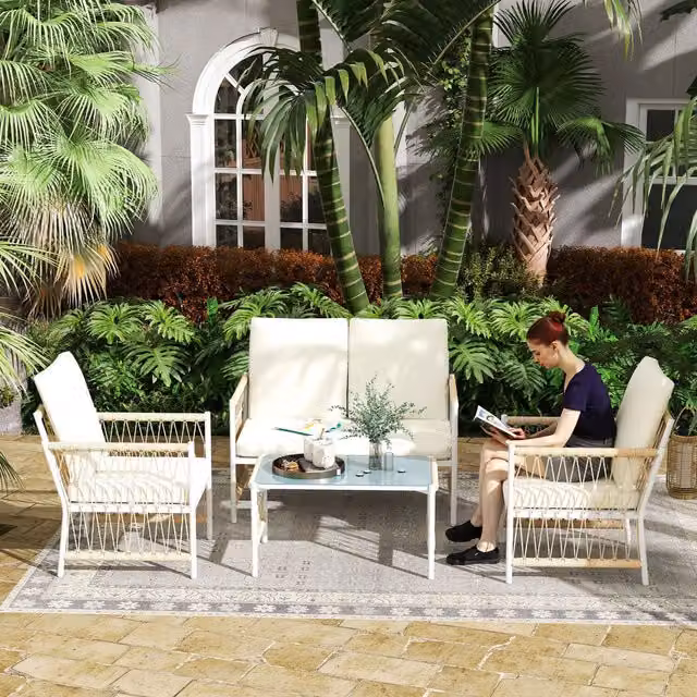 Outsunny 4 Piece Modern Rattan Garden Furniture Set with Cushions in Beige and Brown