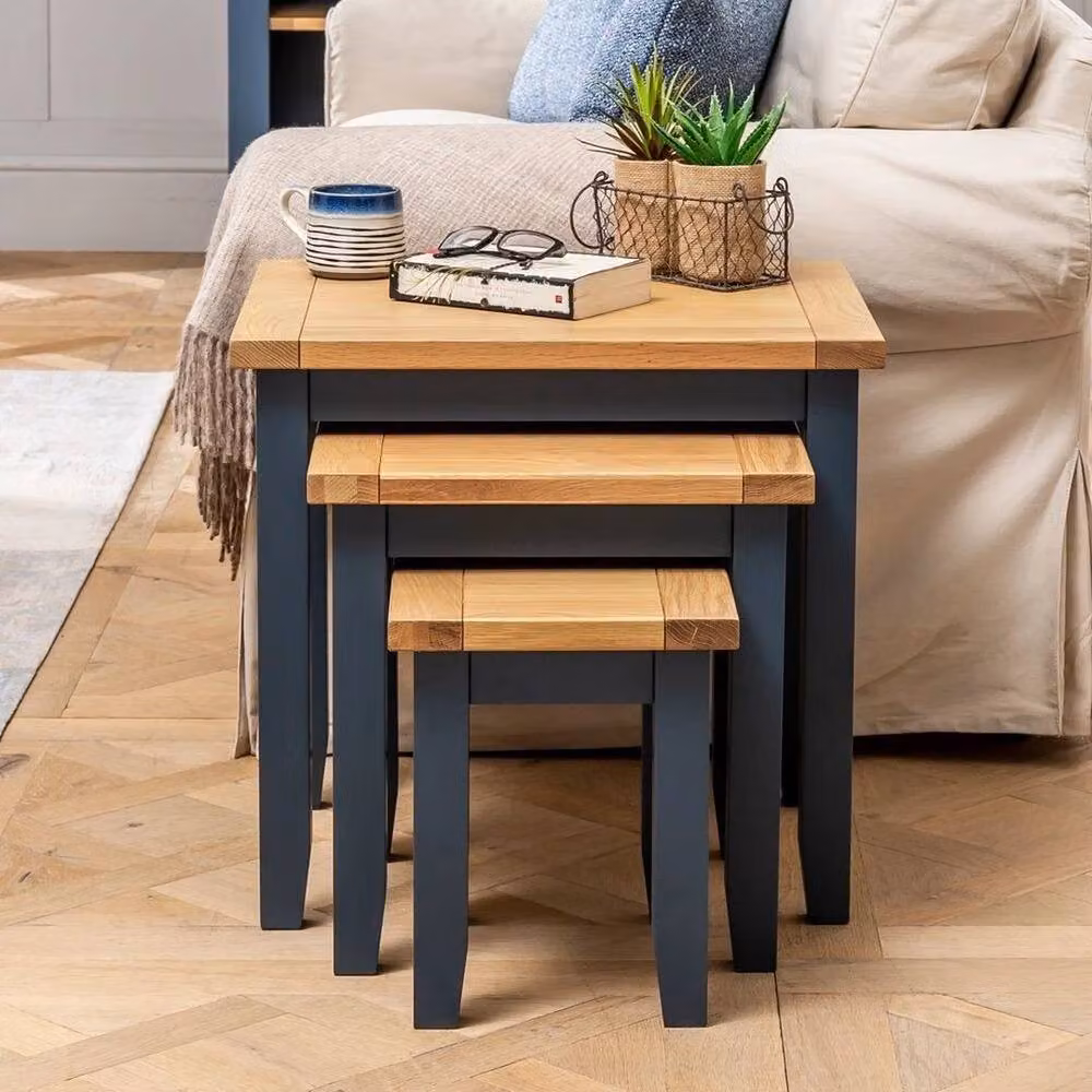 FORGEVIO Westbury Nest of 3 Tables in Blue Painted Natural Oak Wood – 3