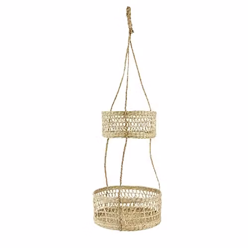 KitchenCraft Natural Elements Two-Tier Rattan Hanging Planter in Beige and Brown