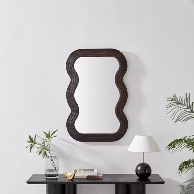 FurnitureboxUK Liora Wavy Rectangular Wall Mirror in Brown Wood, W: 90 cm, H: 60 cm