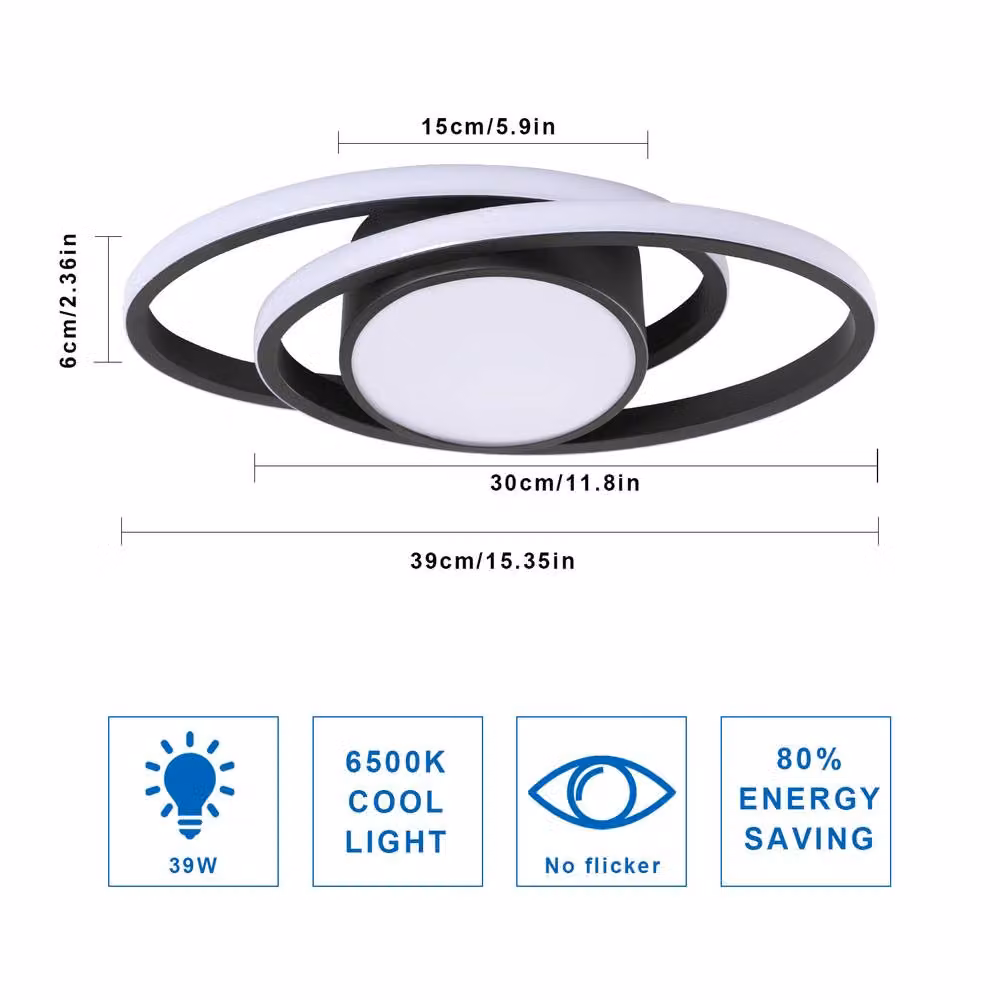 COMELY Modern Dual-Round LED Ceiling Light, 39W, Black with Cool White Light – 3