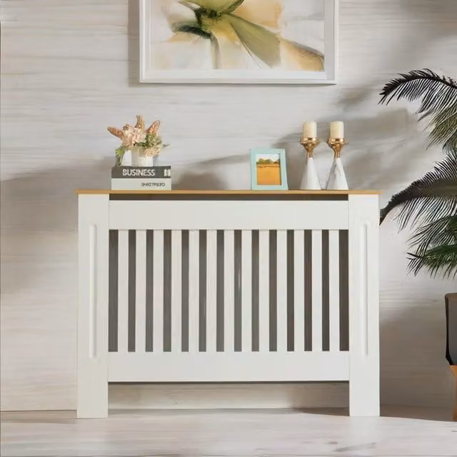 Rafaelo Mobilia Modern White Radiator Cover with Matt Wood Top Shelf