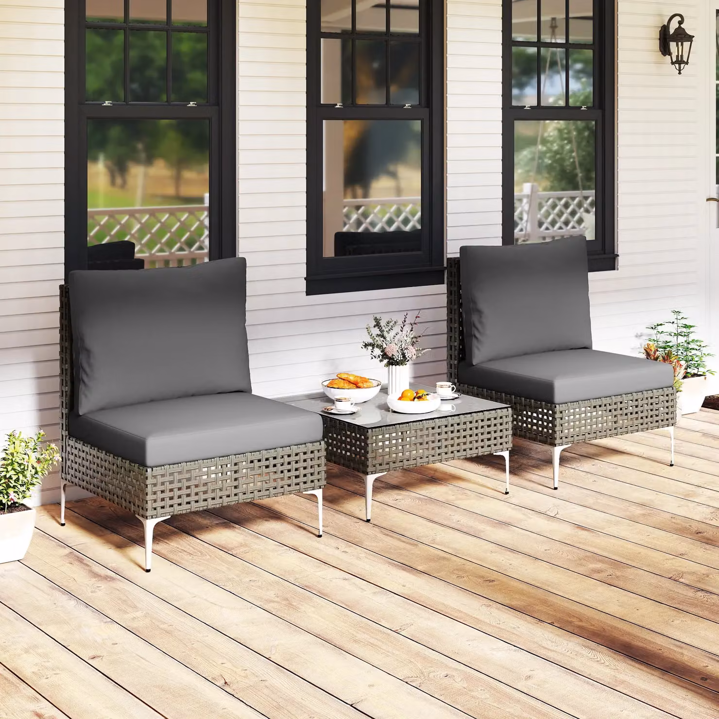 Gymax 3 Piece Grey PE Rattan Patio Bistro Set with Metal Coffee Table – 5