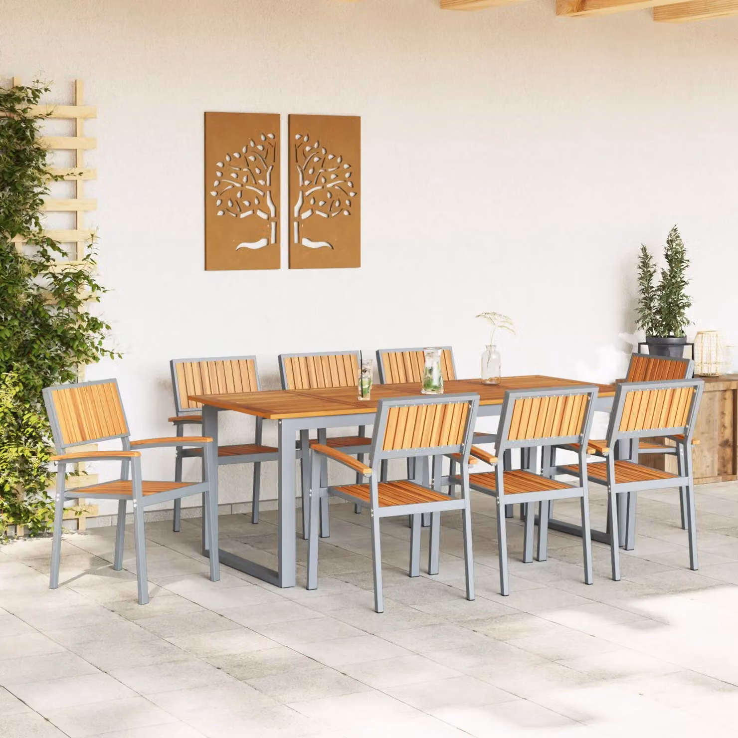 Berkfield Home Modern Grey Garden Dining Set with Treated Teak Wood and Metal Frame, 9 Pieces – 3